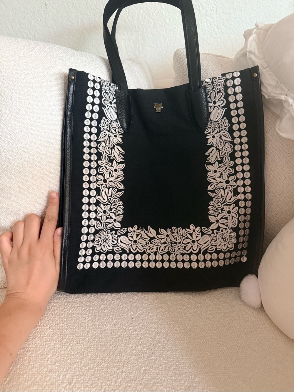 Brand New Anna Sui Black Tote with White Floral Embroidery